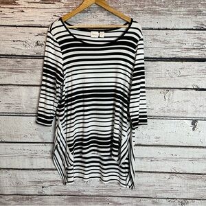 Chico’s‎ 1 | Women’s Medium Black & White Striped Tunic Top 3/4 Sleeves Pullover